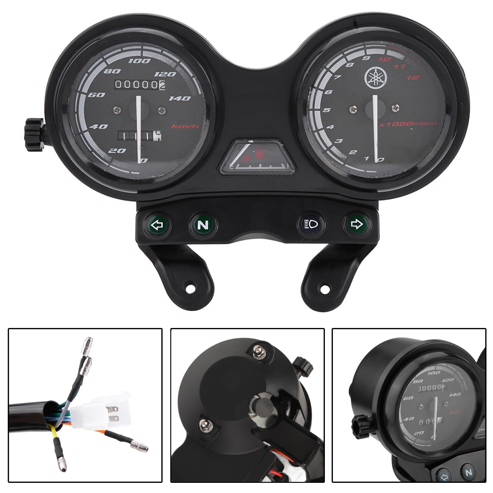 Velocímetro de 12000 RPM, Enchufe de 5 Pines + Velocímetro de Motocicleta Impermeable de 4 Cables, Negro Antideslumbrante para Yamaha YBR 125