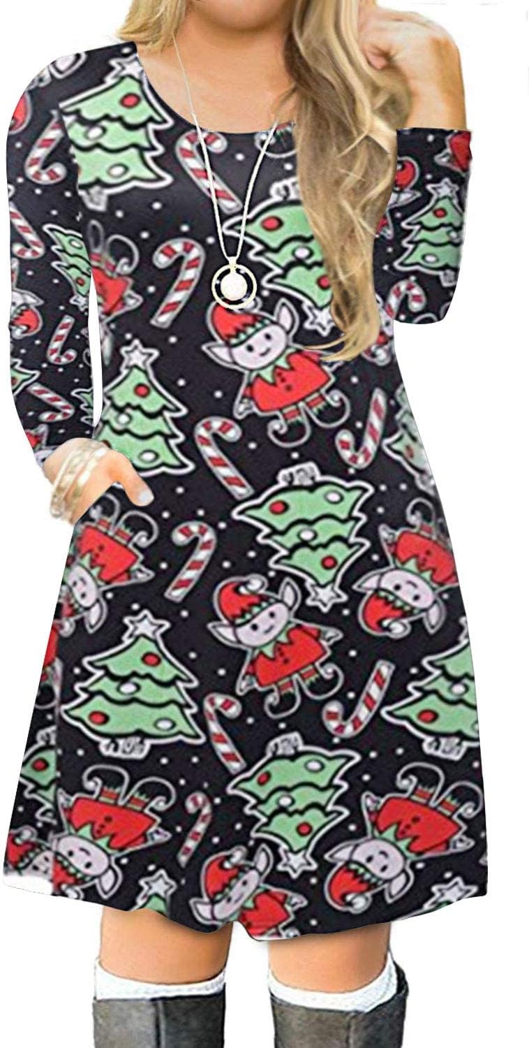 VISLILY Women's Plus Size Christmas Print Casual Swing T-Shirt Dress with Pockets