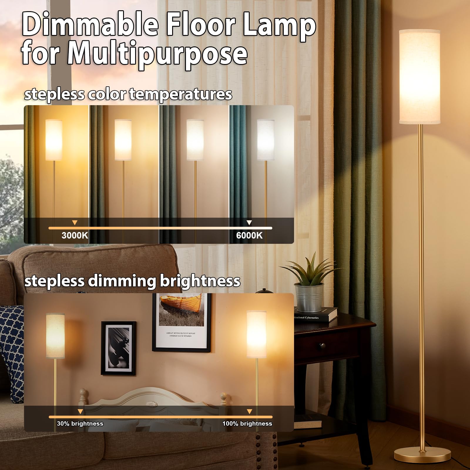 Stehlampe Wohnzimmer, Standleuchte LED Dimmbar Modern mit Fernbedienung, 4 Farbtemperaturen & Stufenlos Dimmbar, Beige Leinenschirm, Leselampe für Wohnzimmer Schlafzimmer Büro