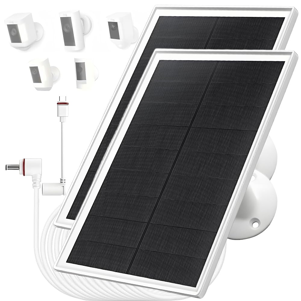 10W/5V 2 Pack Solar Panel Charger with Two connectors DC3.5 * 1.35 and USB-C,9.8ft/3m Charging Cable,IP65,Compatible with Ring Spotlight Cam Plus/Pro,Stick Up Cam Battery 2nd/3rd Generation-image-4