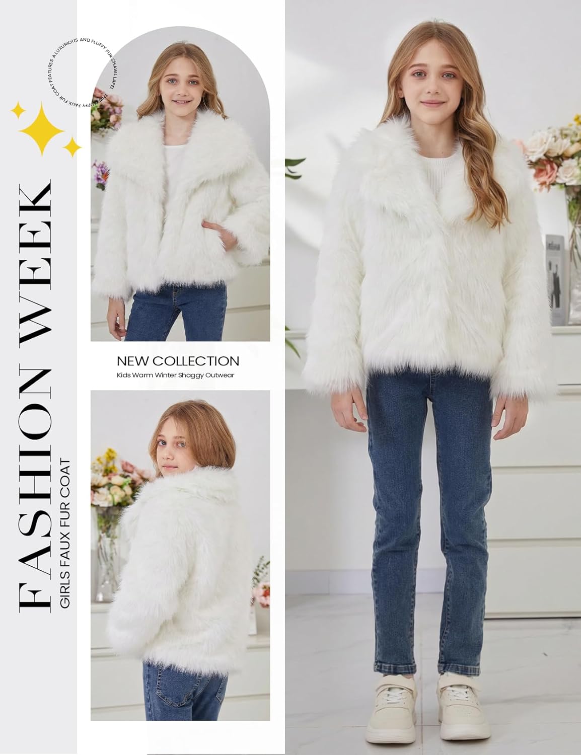 Yimoon Girls Faux Fur Coat Fluffy Long Sleeve Lapel Kids Jackets Warm Winter Shaggy Outwear with Pockets