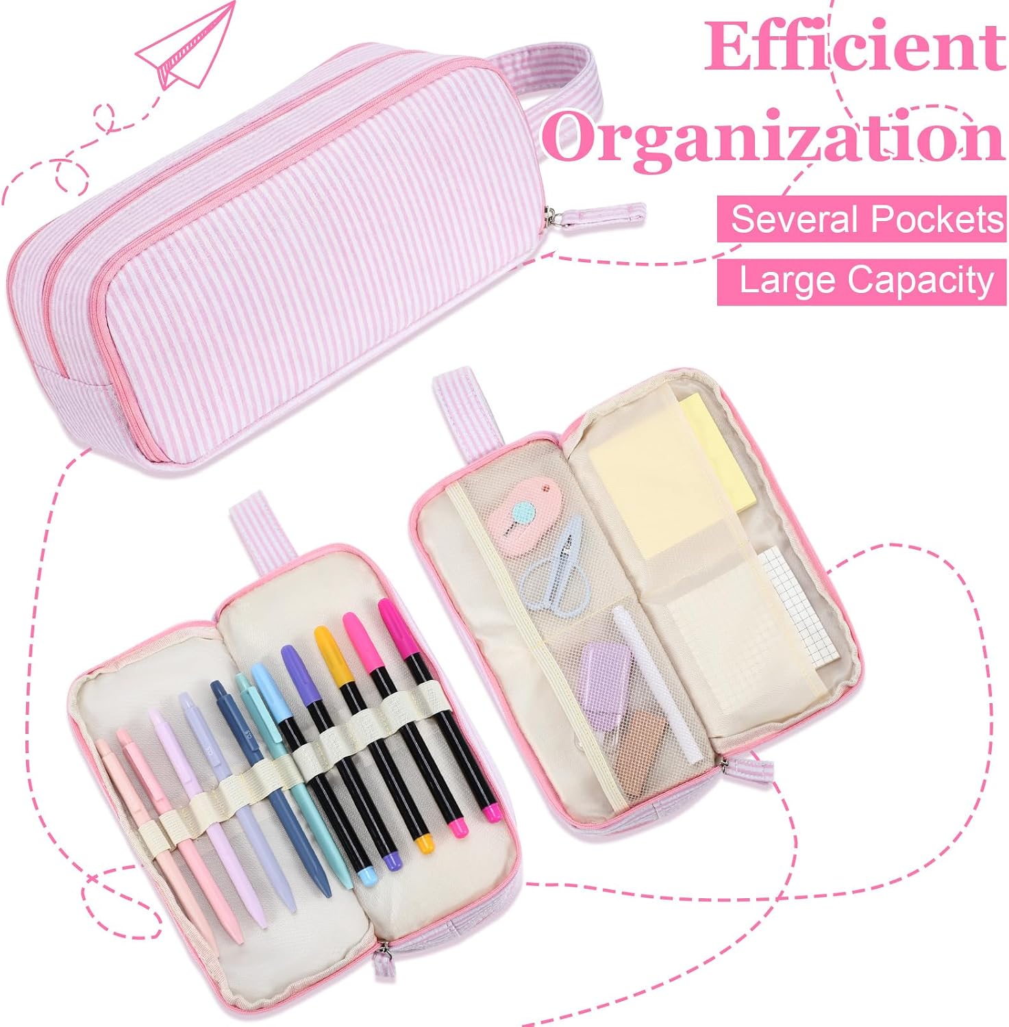 Huhumy Cute Seersucker Pencil Case for Teens Girls Big Capacity Pen Pouch, Study Supplies Pencil Box with 3 Compartments, Multiple Pockets, Sturdy Zipper, Cute Pen Bag Organizer for College(Pink)