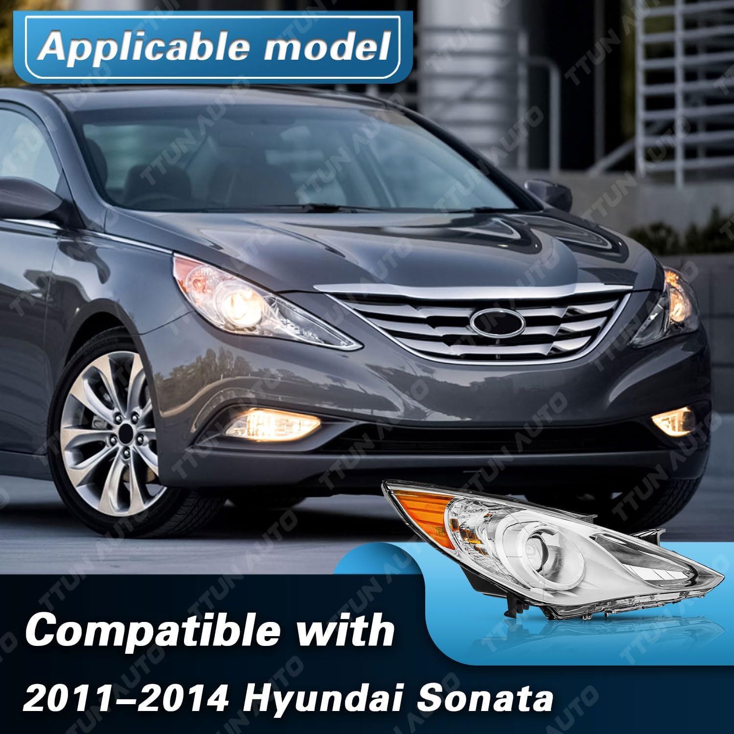 Compatible with Hyundai Sonata 2011-2014 Headlight（Excludes Hybrid） with Halogen Bulbs 92102-3Q000(Passenger Side)
