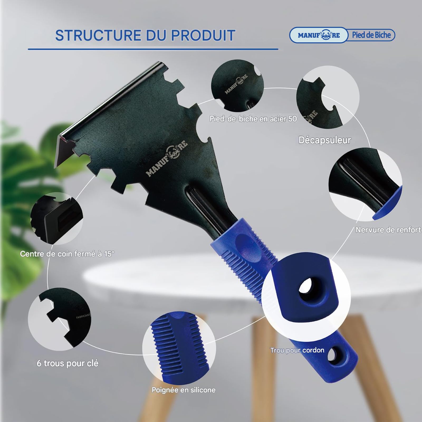 MANUFORE Arrache-moulure/Pied de biche multifonction – Outil de démolition pour plinthes, planchers en bois, cadres de porte et carreaux (Bleu)