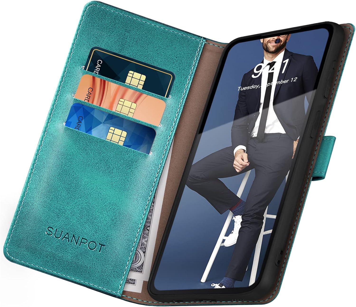 SUANPOT for Samsung Galaxy S22 with RFID Blocking Leather Wallet case Credit Card Holder,Flip Folio Book Phone case Shockproof Cover Women Men for Samsung S22 case Wallet Blue Green - Image 5