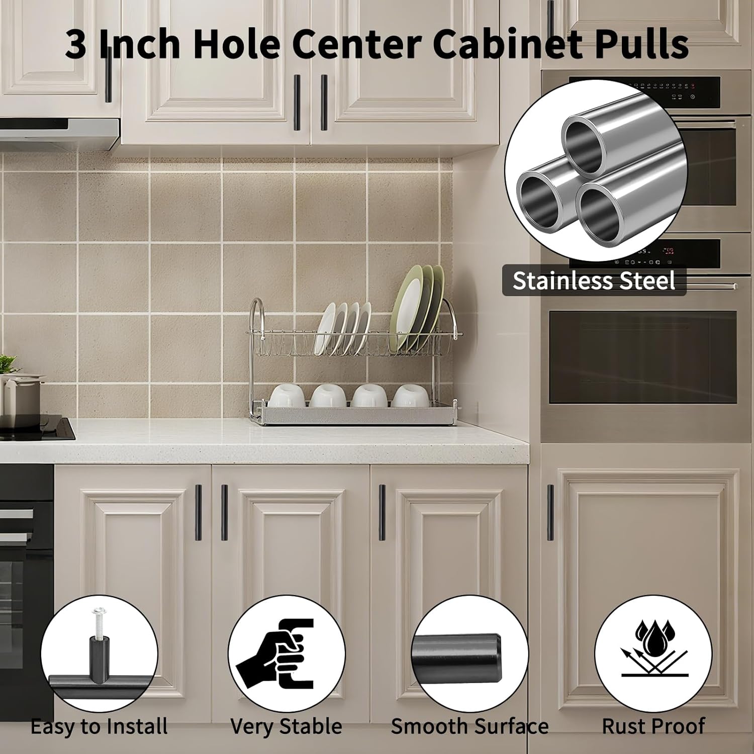 30 Pack 5 Inch Kitchen Cabinet Handles Matte Black Drawer Pulls, Stainless Steel Cabinet Pulls Cabinet Knobs for Kitchen Dresser Cupboard Bathroom Bedroom, 3 Inch Hole Center