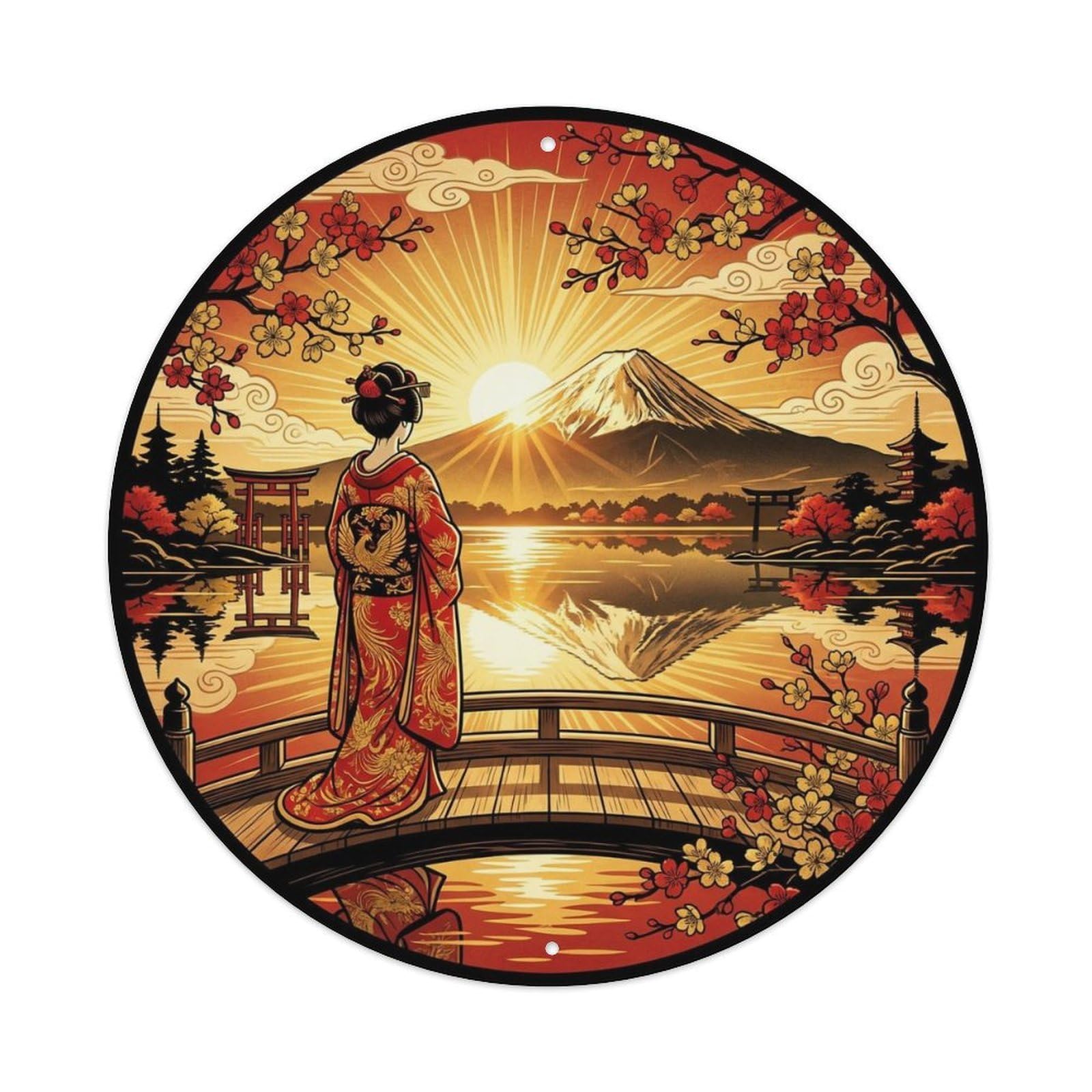 Yrnq 8X8inch Vintage Style Japanese Kimono Lady Fuji Sunrise Timeless Ornament Metal Tin Sign