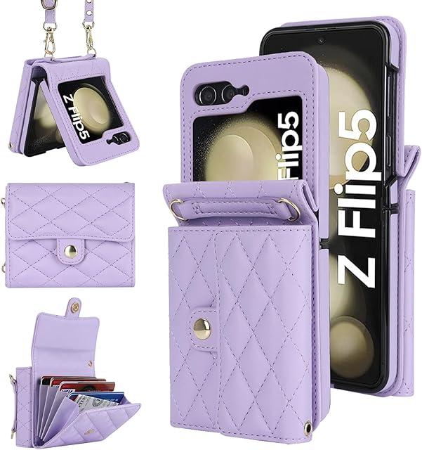 XIZYO for Samsung Galaxy Z Flip 5 Leather Crossbody Wallet Phone Case with Adjustable Removable Lanyard Strap, for Women Girls Cute Luxury Protective Cover with Card Slots, Purple