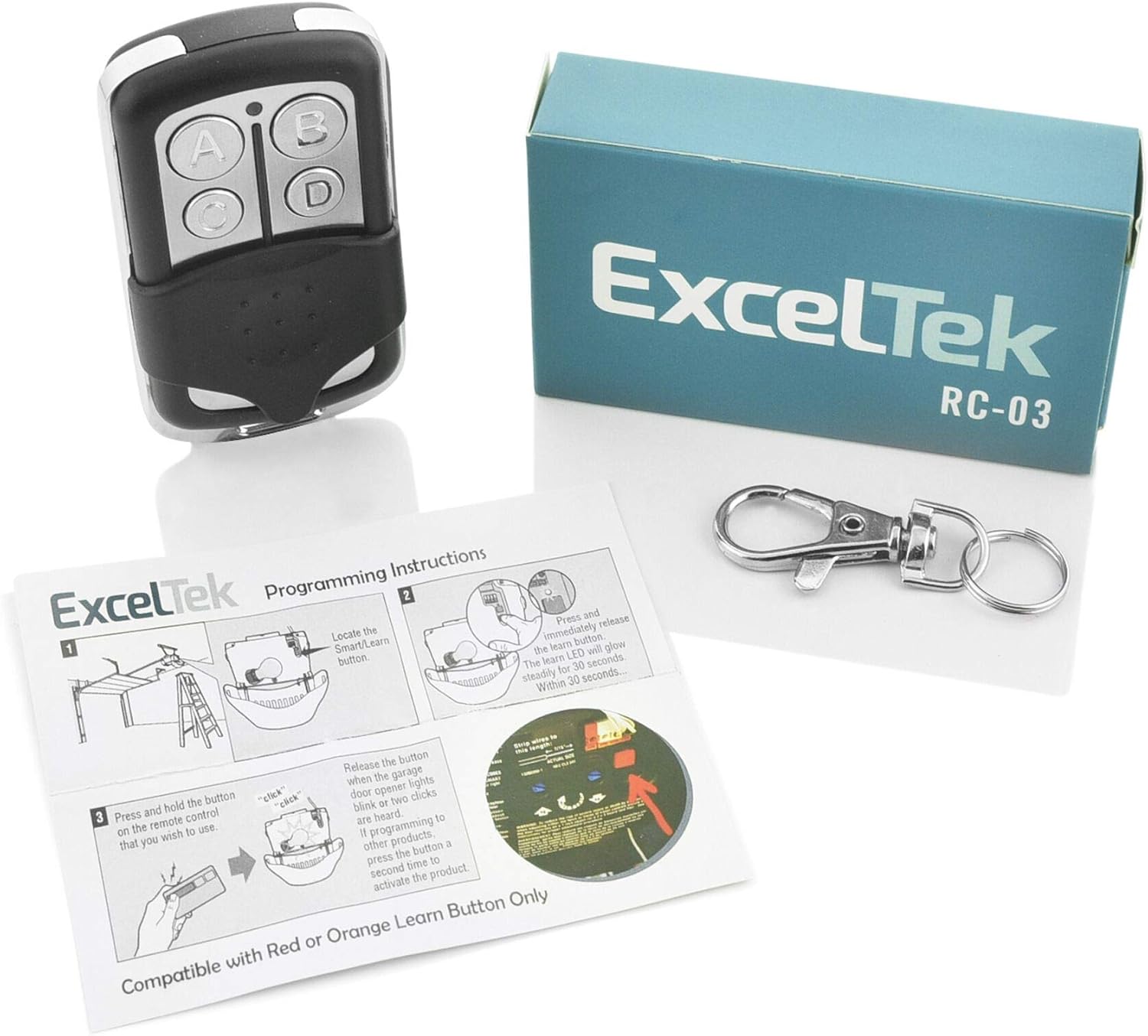 Hand holding the ExcelTek remote control, pointing towards a garage door, demonstrating its use.