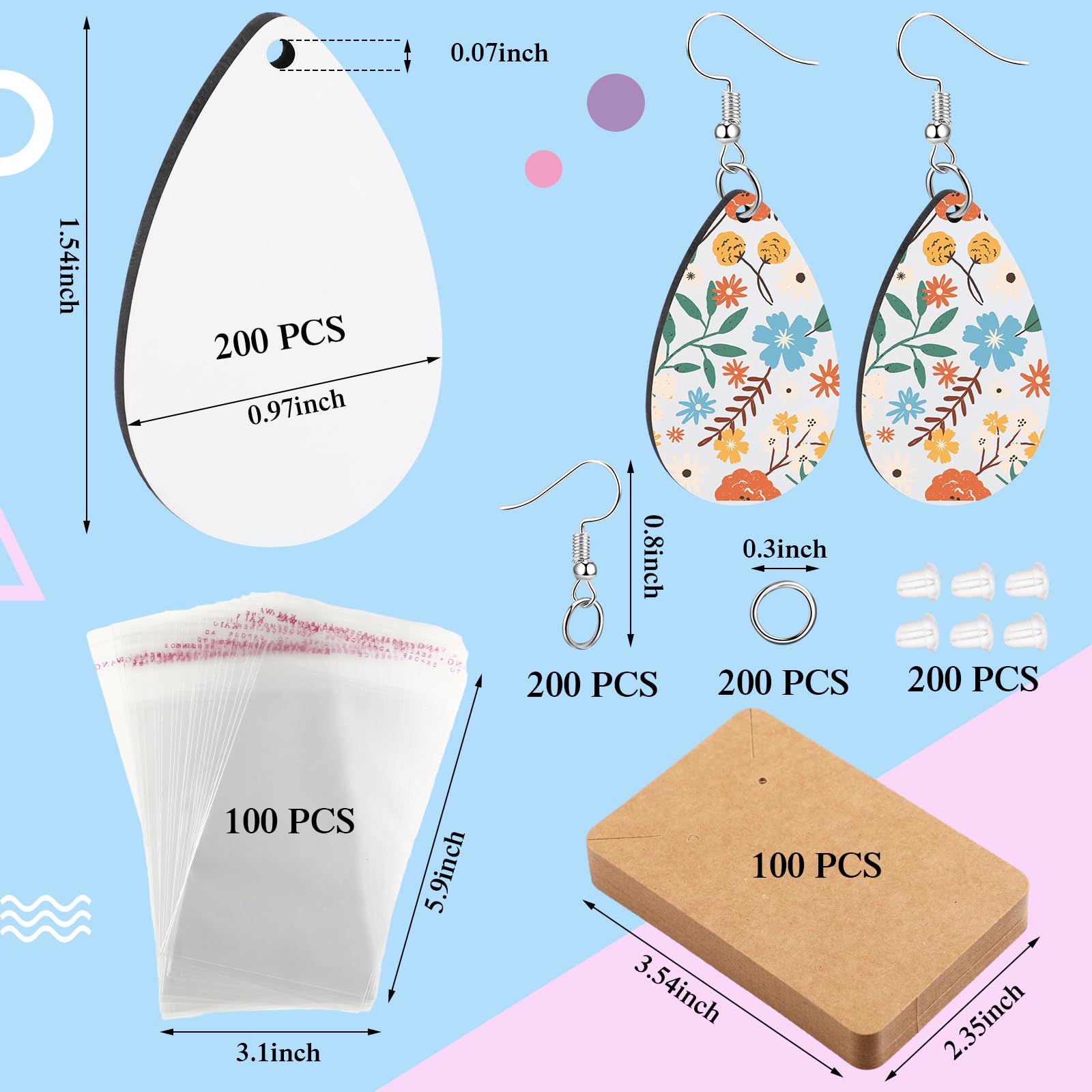 Riceshoot 200 Stück Sublimationsohrrohlinge Bulk Sublimation Ohrring mit Ohrringhaken Sprungringe Ohrstöpsel Halter Karten Taschen für Ohrring DIY Herstellung
