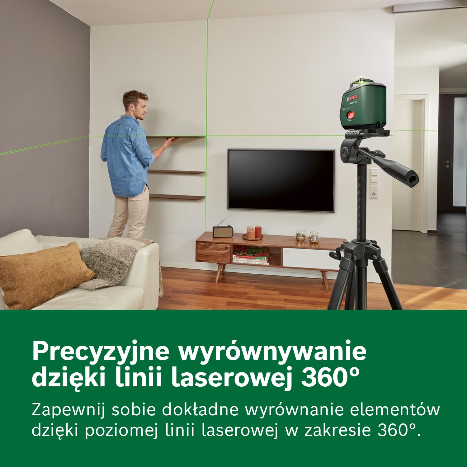 Bosch Laser Liniowy PLL360‑15G (zielone linie 360°, IP54, Li‑ion, USB‑C, statyw TT 120, uchwyt MM 3)