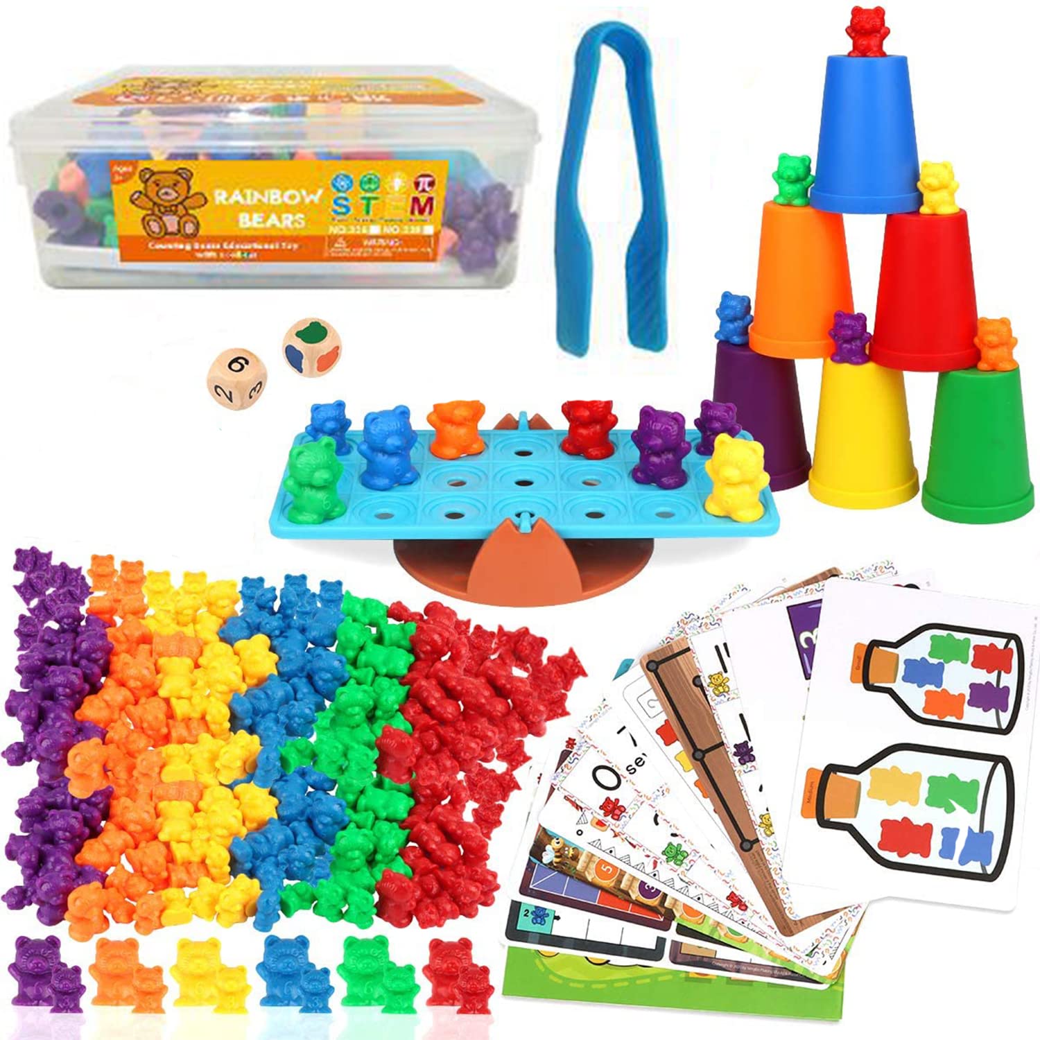 Beauenty Rainbow Counting Bears Toys for Kids, 117Pcs Counting Teddy Bears Gift Set with Matching Sorting Cups Dices and Teezers, Educational Color Sorting Teddy Bear Toys for Kids (senior)