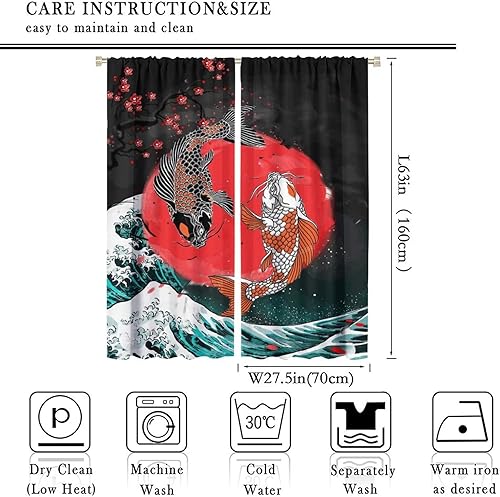 Vista 59 de Cortinas japonesas de pez koi, estilo asiático Koi Big Wave Koi, cortina con bolsillo para cortinero para dormitorio, cocina, sala de estar, Koi