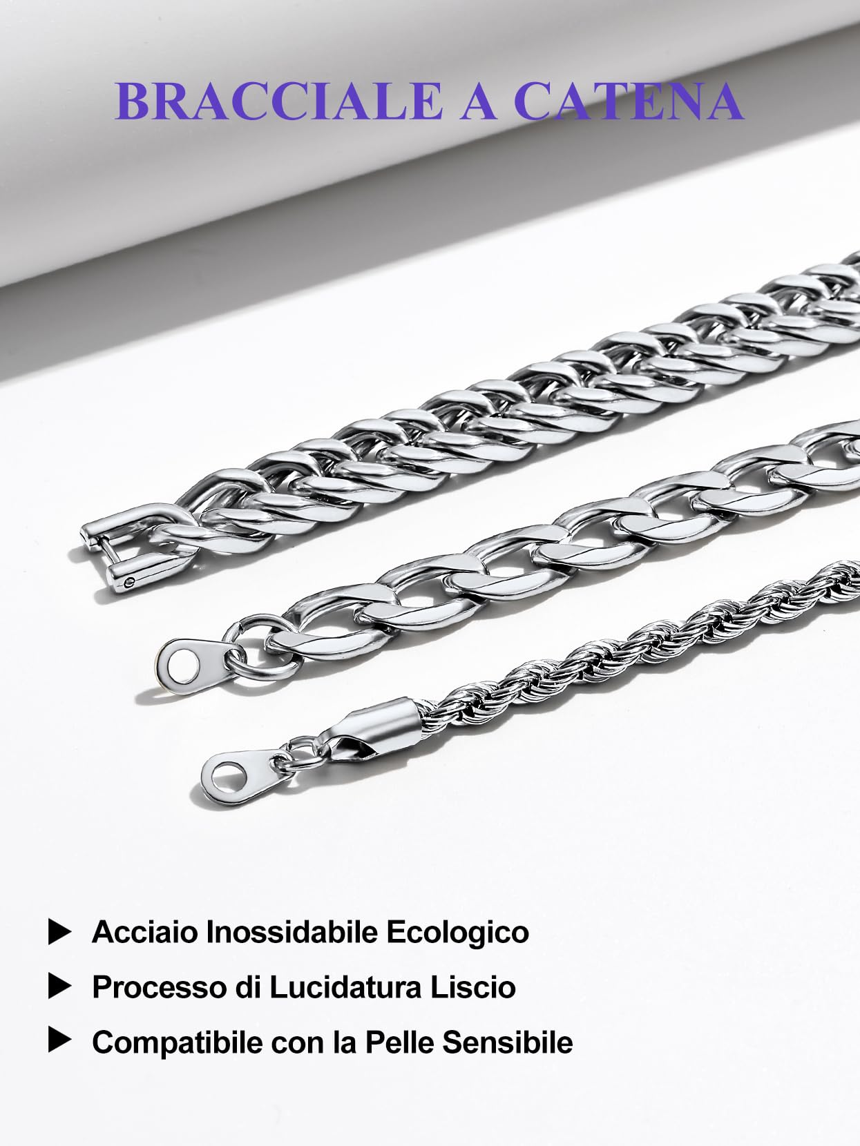 Richsteel Set di 2/3 Braccialetti in Acciaio Inox 316L di Alta Qualità Bracciale Uomo Argento Nero Oro Lunghezze 19cm 21cm 23cm Catena Cubana