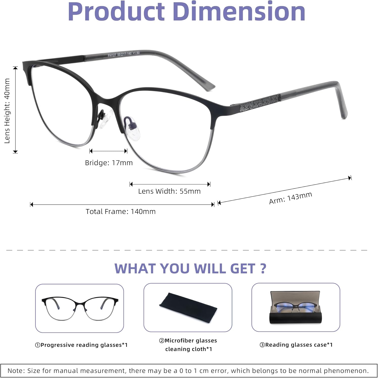 Cat Eye Progressive Multifocus Reading Glasses for Women No Line Multifocal Readers Metal Frame with Hard Case (Workspace For Near Range,Black + Silver, +1.75) - Image 2