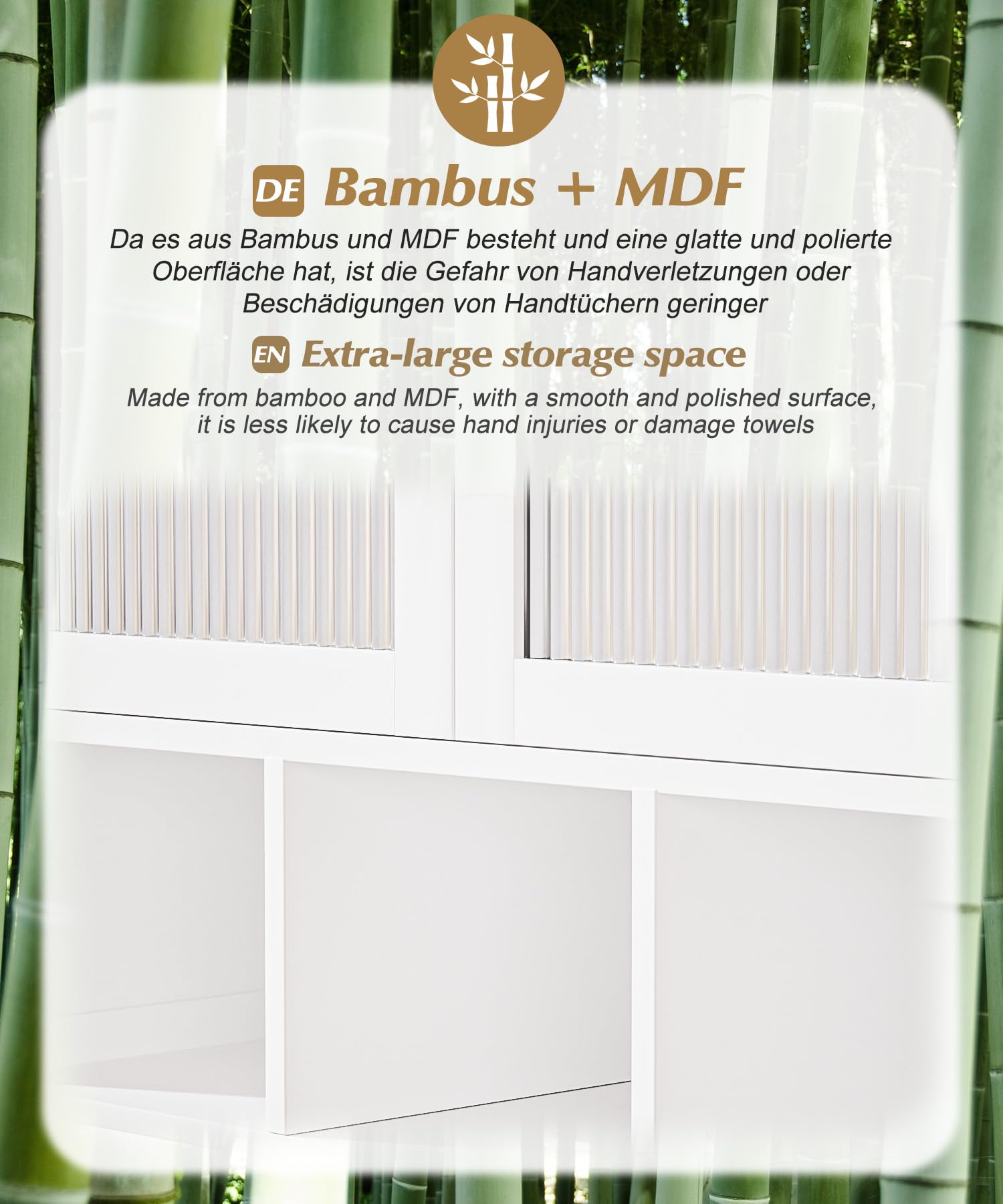 YORBAY Armario de Baño Pared con 2 Puerta Magnética Transparente y Compartimento Abierto, Armario Botiquín de Bambú para Baño, Alacena de Colgar Que Ahorra Espacio, 22 x 59 x 66 cm (Blanco)