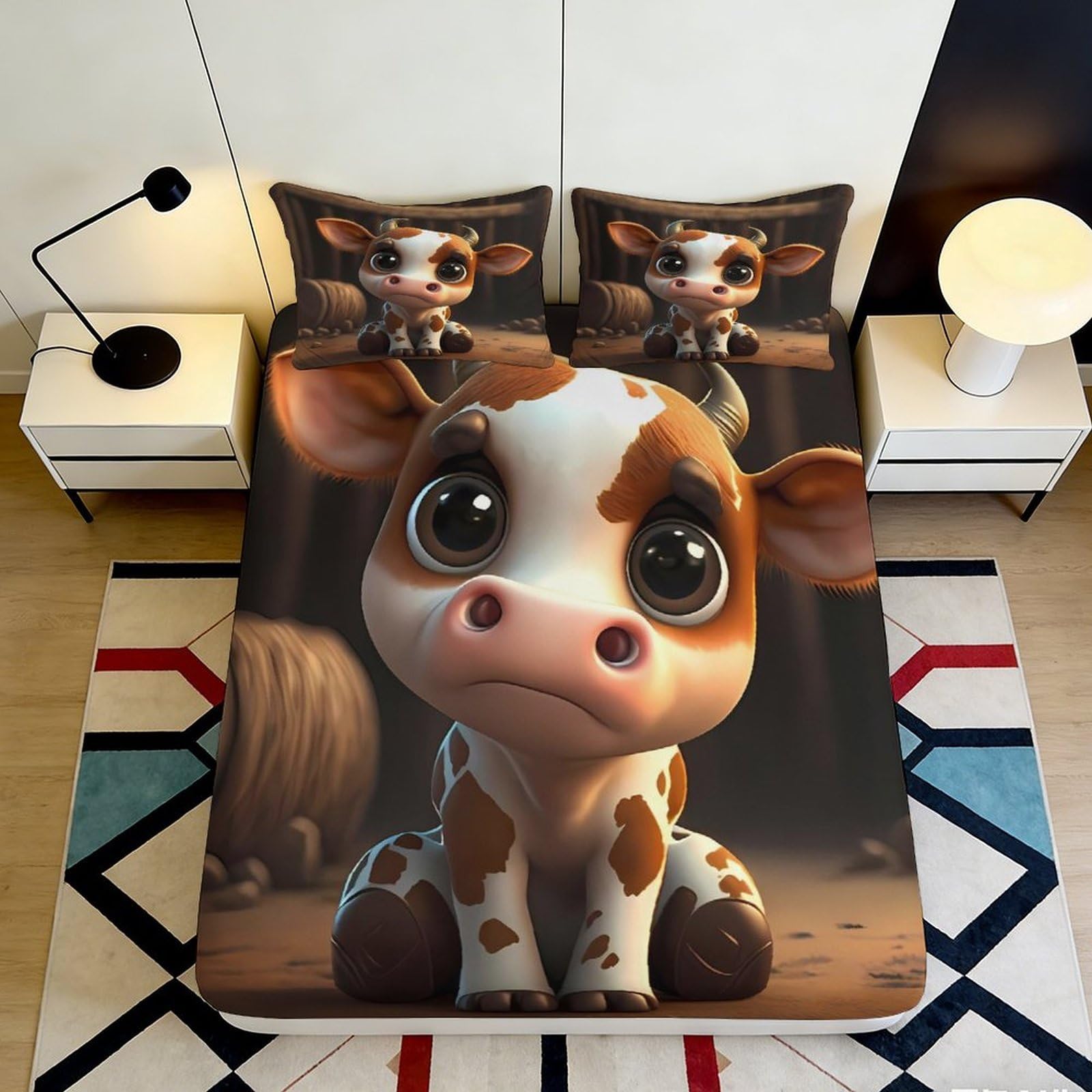 3D Printed Cute Cow Fitted Sheet Microfiber Soft Durable Cartoon Bed Cover for Bedroom Dormitory Guest Room Mattress Protection 90x200x25cm