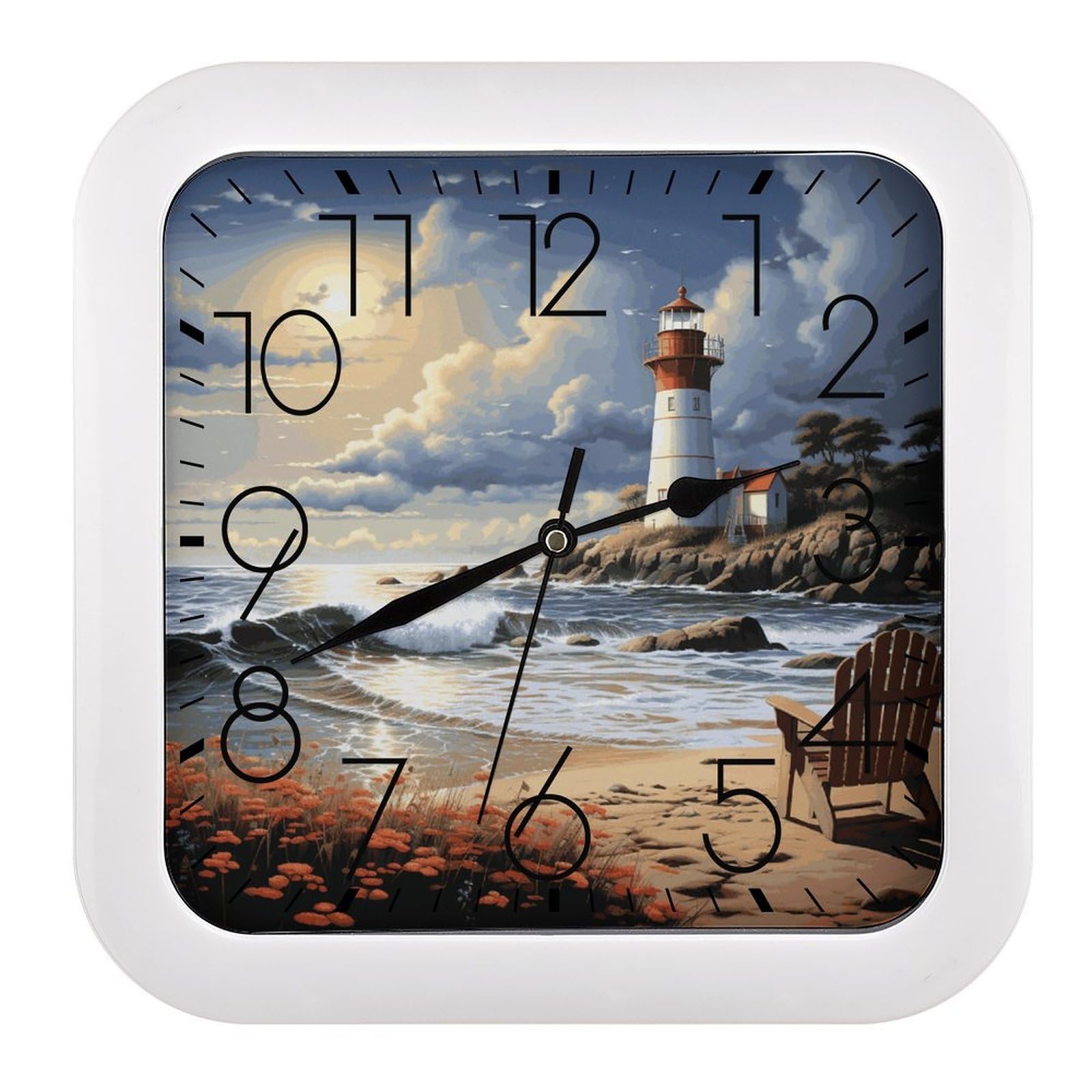 LDGSUPH Sea Lighthouse Sandbeach Wall Clock Silent Non-Ticking Modern Clock Personalized Vintage Square Clocks for Travel Office Kitchen Home Decorative Clocks 10.2 Inch