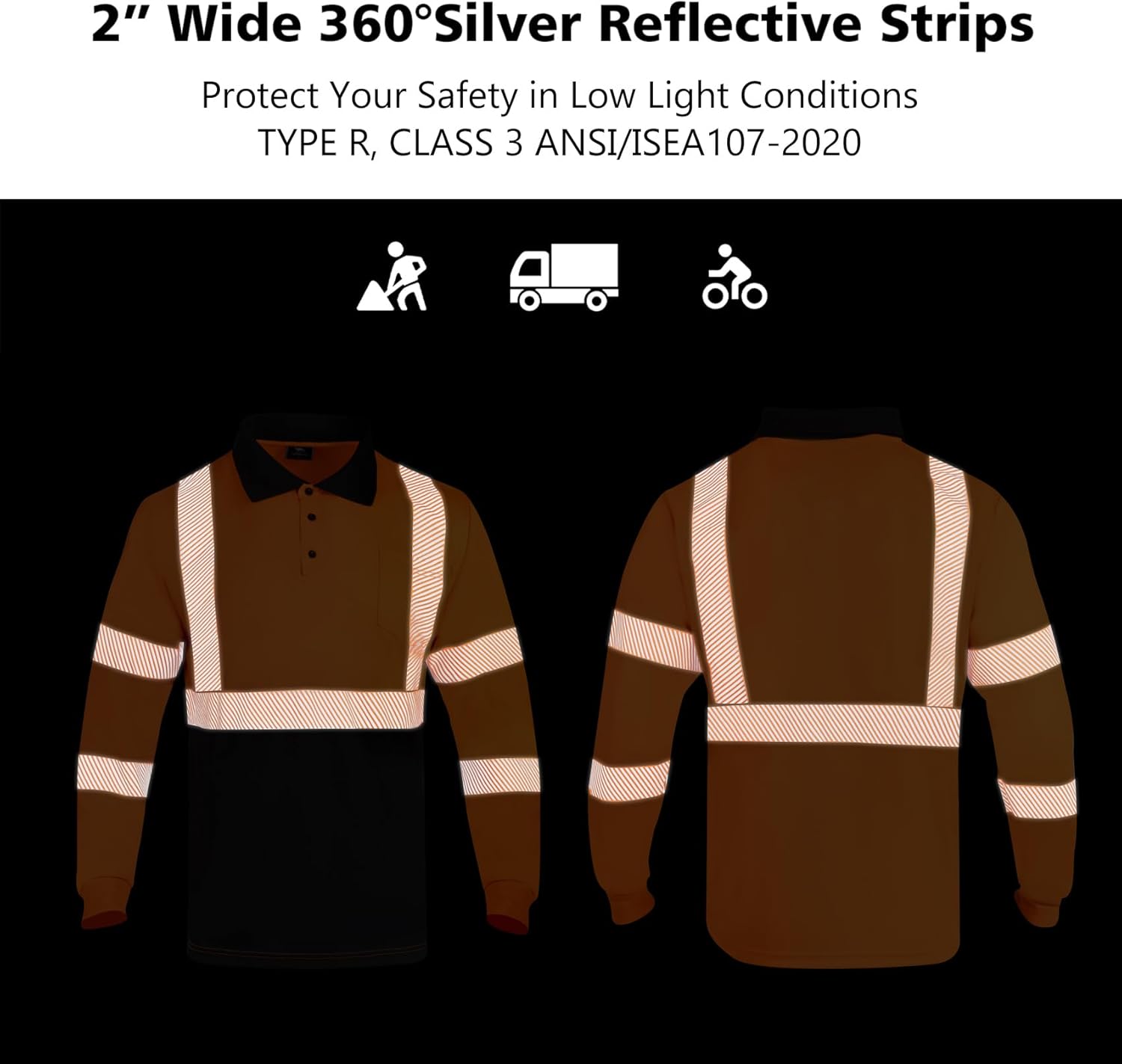 VENDACE 3 Pcs Hi Vis Safety Reflective Long Sleeve Polo Shirts for Men ANSI Class 3 High Visibility Construction Work Shirts - Image 5