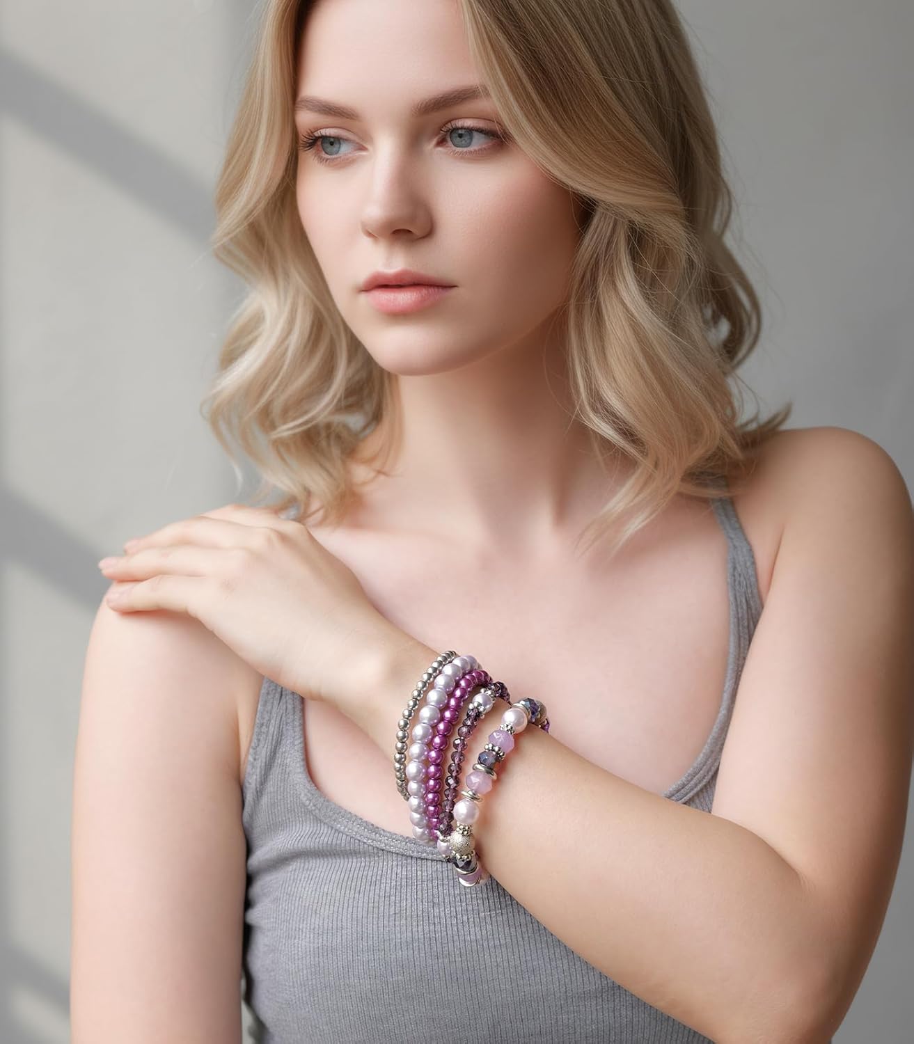 Noessla Beaded Pearl Stretch Bracelet Silver Stackable Crystal Beads Bracelets Trendy Costume Jewelry Mothers Day Gifts for Women - Image 4