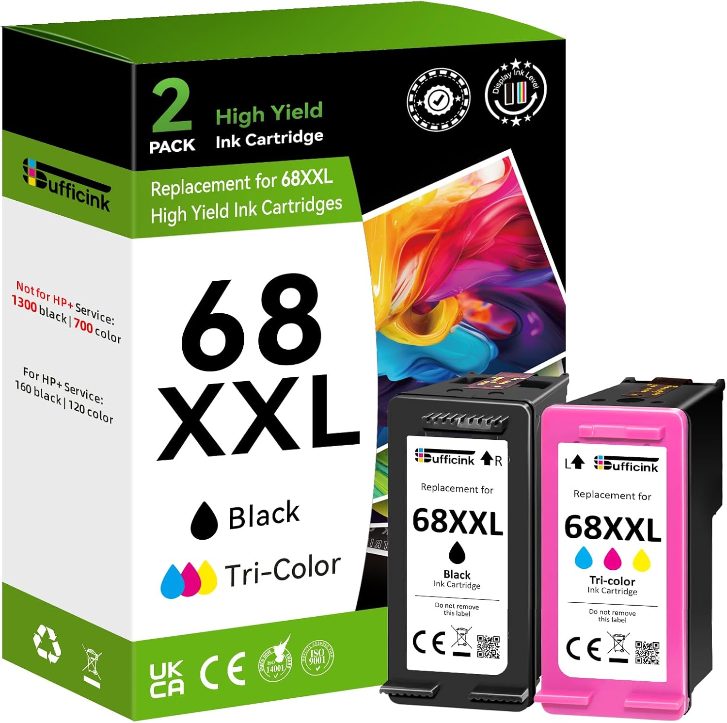 High Yield 68XXL 68e 6155e 6555e 6100e Ink Cartridges Compatible for HP 68 Ink Cartridges Black/Color Combo Pack Compatible for HP Ink 68 fit for Envy 6500e 6165e 6152e 6552e 6558e 6110e 6520 Printer