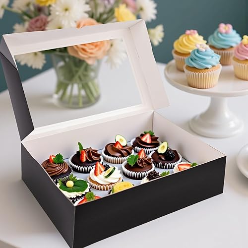 Miniatura 3 de VGOODALL 6 recipientes para cupcakes con ventana, soporte negro para cupcakes con inserto de caja de pastelería, 12 unidades con capacidad para 72