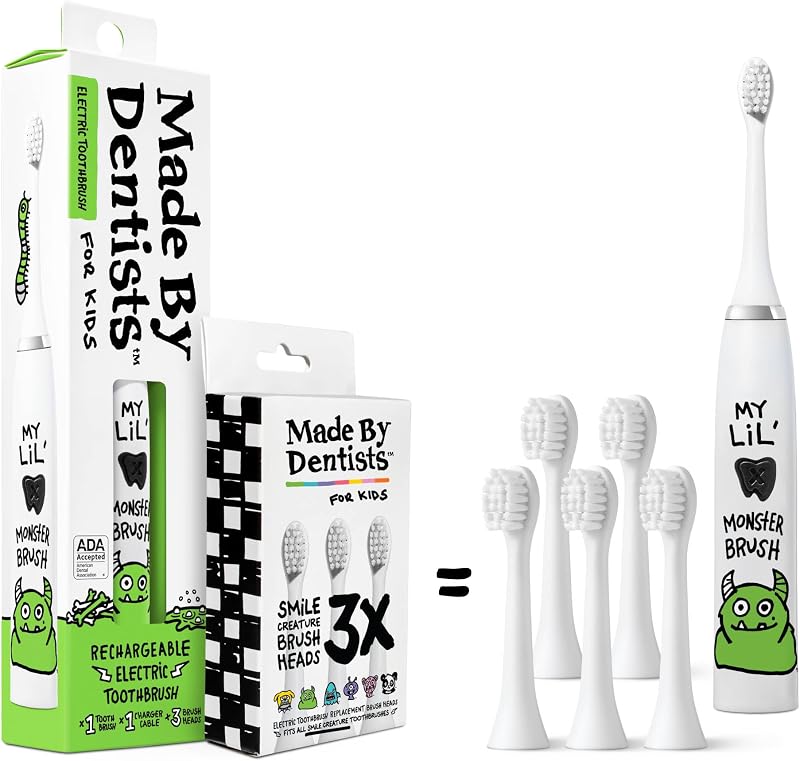 Cepillo de dientes eléctrico para niños Made by Dentists, cepillo de dientes vibratorio recargable con temporizador, incluye 6 cabezales de repuesto, limpia suavemente los dientes, niños y niños pequeños a partir de 2 años, Monster