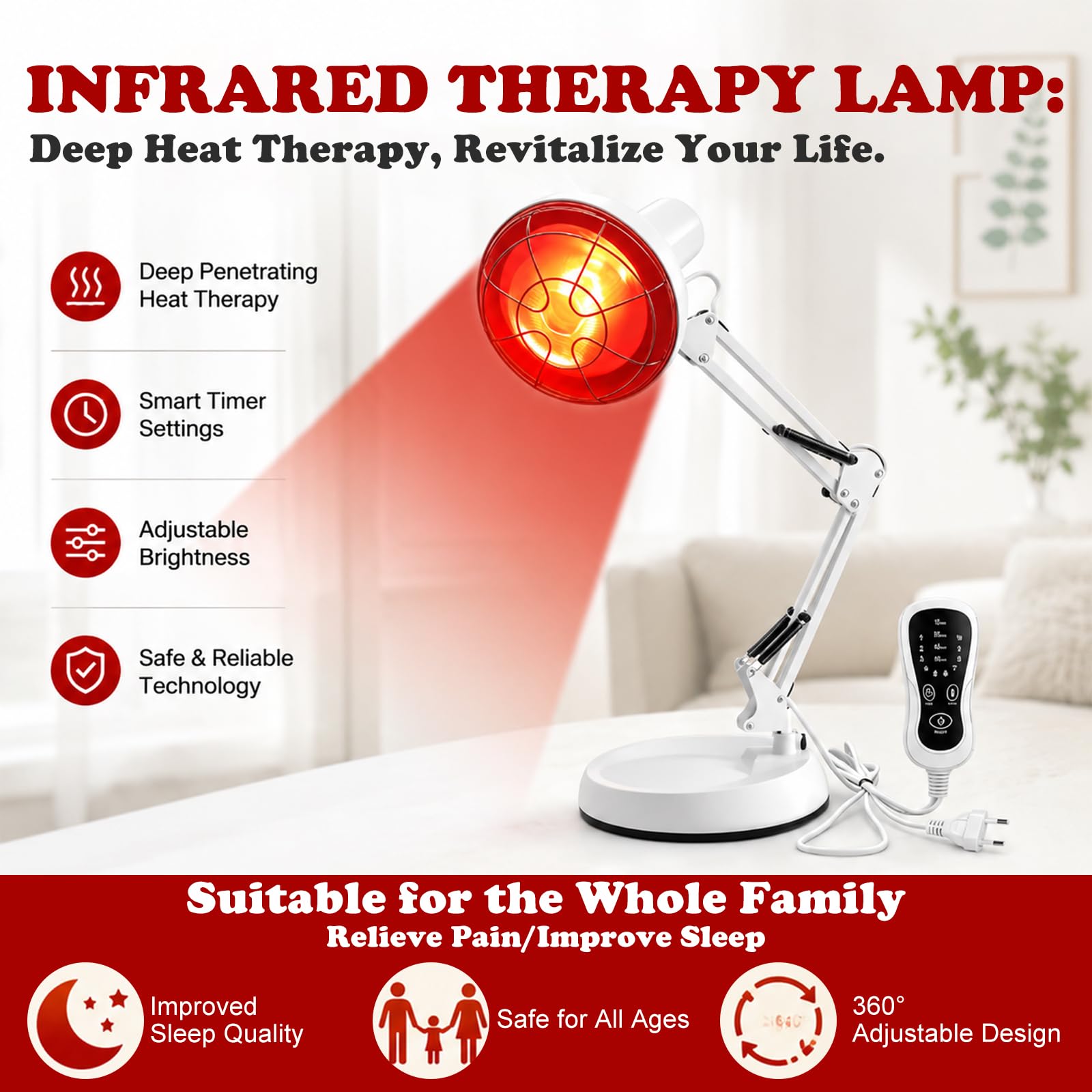 LOMUG Lampe Infrarouge 150W 10 Niveaux de Température Réglable, Lumiere Infrarouge avec Minuterie ELectronique, Bras de Support RéGlable, Lampe Chauffante pour La Maison