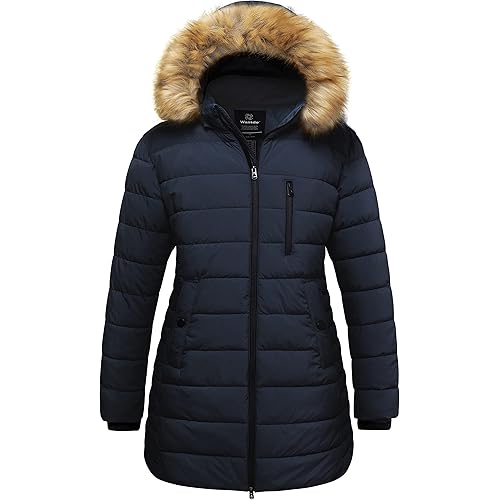 wantdo Women's Plus Size Winter Coats Warm Long Puffer Coat Quilted Parka Jacket with Removable Fur Hood