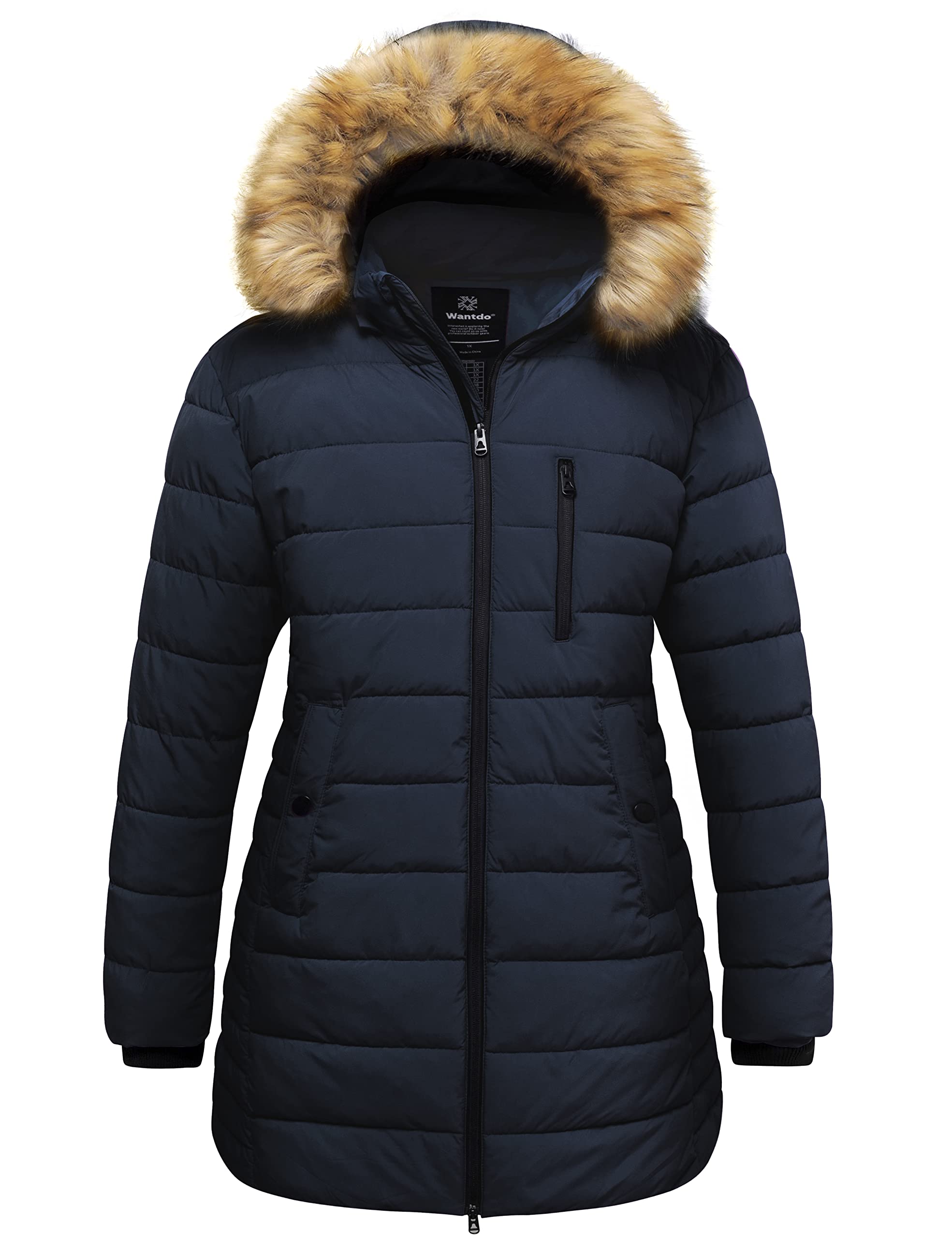 wantdo women's plus size winter jacket warm long puffer coat quilted parka jacket with removable fur hood