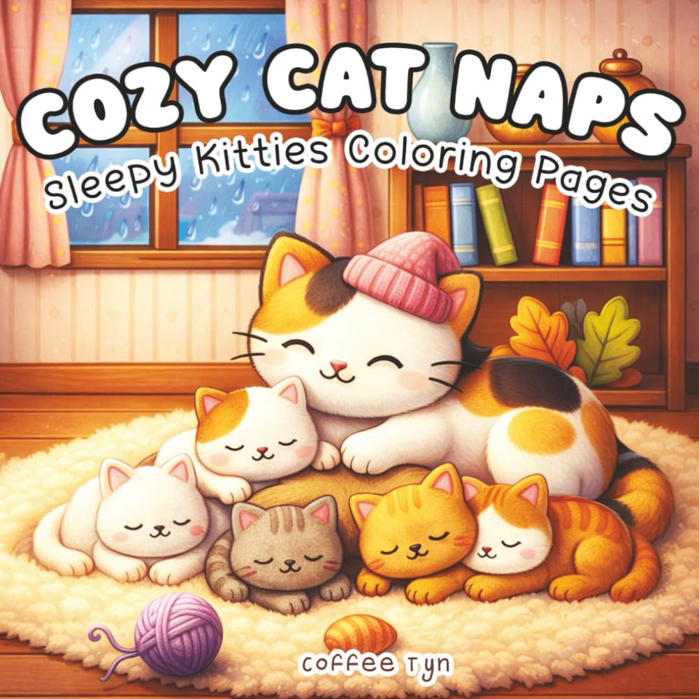 Cozy Cat Naps: Sleepy Kitties Coloring Pages: Cute and Cozy Coloring Book for Adults & Teens Featuring Adorable Animals Characters for Stress Relief