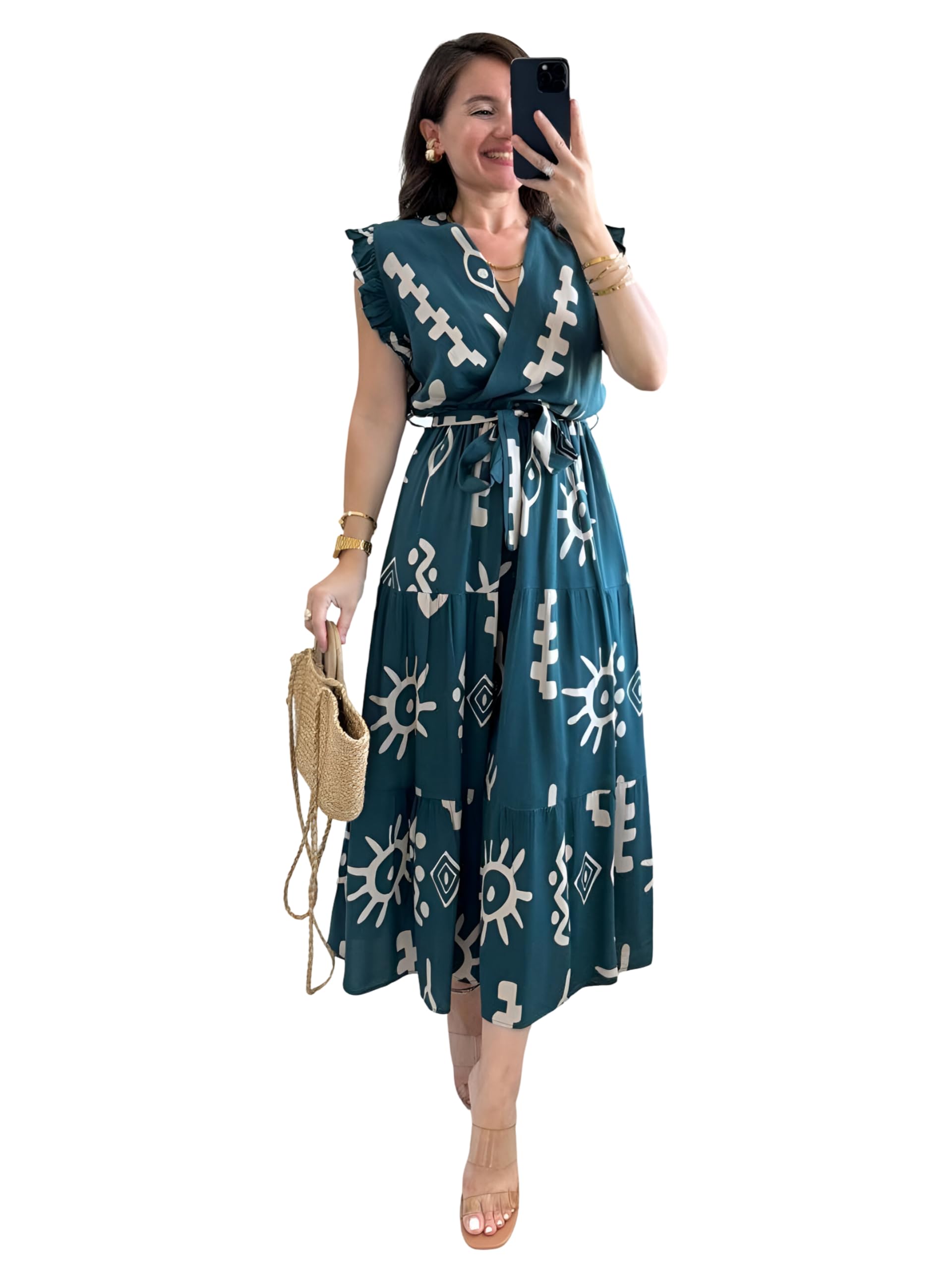 kzully | Dress for Women | Midi Length | Wrap-Style Fit & Flare | Tie Waist | Tribal Motif Printed-picture-16
