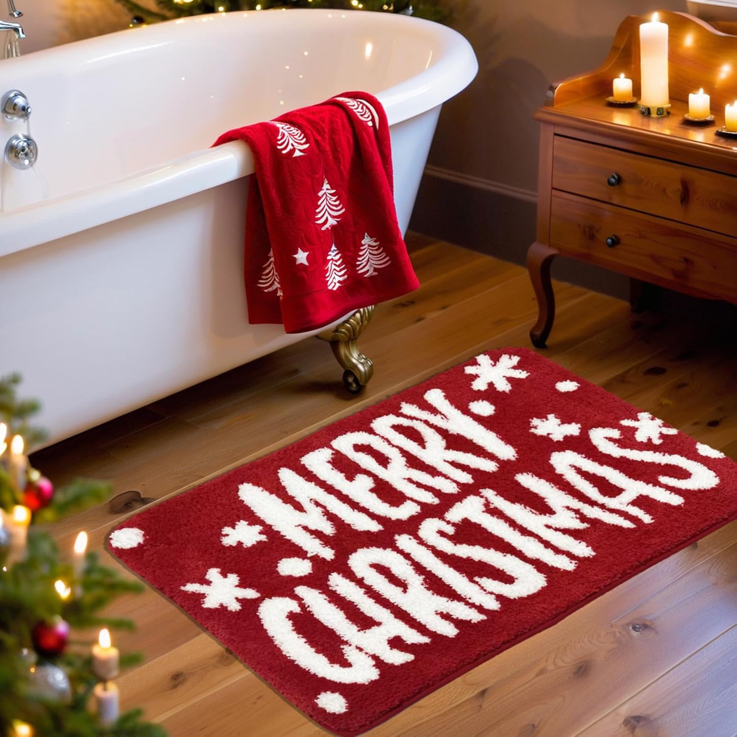 Christmas Bathroom Decor Christmas Bathroom Rugs, Shaggy Soft and Absorbent Bath Rug, Non-Slip, Thick Plush Machine Washable Dry Bath Mats for Home, Tub and Shower, 31"×20" (Merry Christmas)