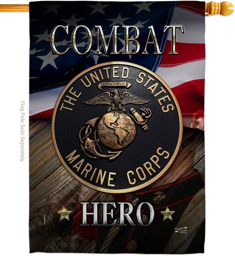 Marine Combat Hero House Flag - Armed Forces Corps USMC Semper Fi United State American Military Veteran Retire Official - Decoration Banner Small Garden Yard Gift Double-Sided Made in USA 28 X 40