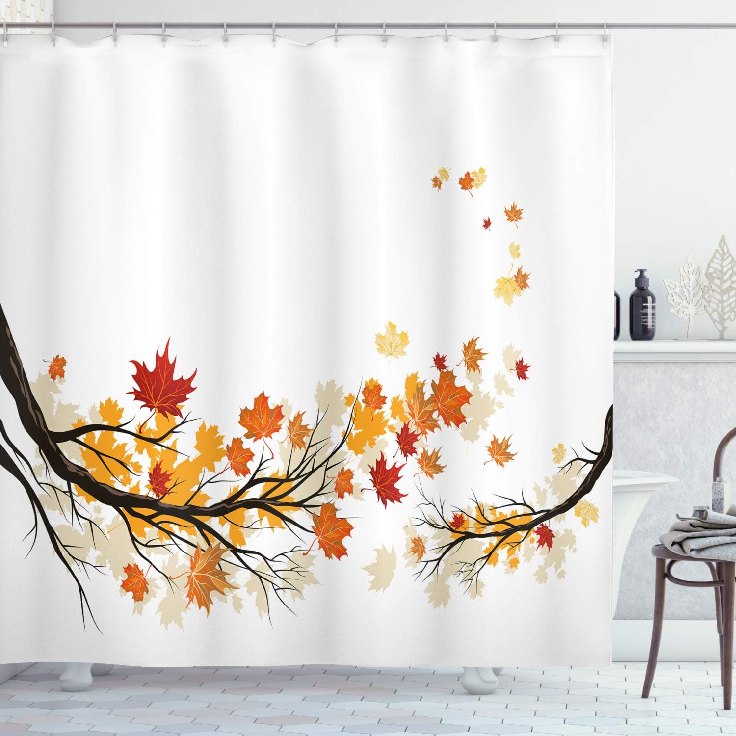 Ambesonne Fall Shower Curtain, Swirling Bended Autumn Tree Branches Colored Leaves Pastoral Season Theme, Cloth Fabric Bathroom Decor Set with Hooks, 69" W x 70" L, Marigold Dark Orange
