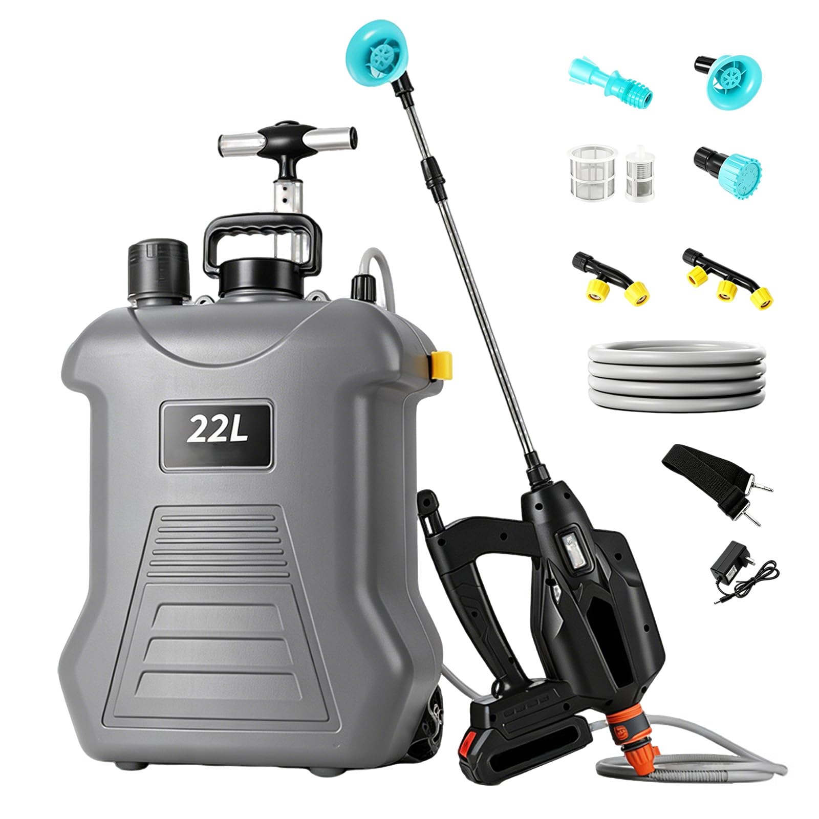 22L Akku-Drucksprühgerät, 21V, mit 3m Schlauch, 6 Düsen, Einfüll- und Absaugfilter, Schultergurt, 3-stufig Einstellbarer Wasserfluss, mit Rädern, für Gartenarbeit, Autowäsche und Bewässerung
