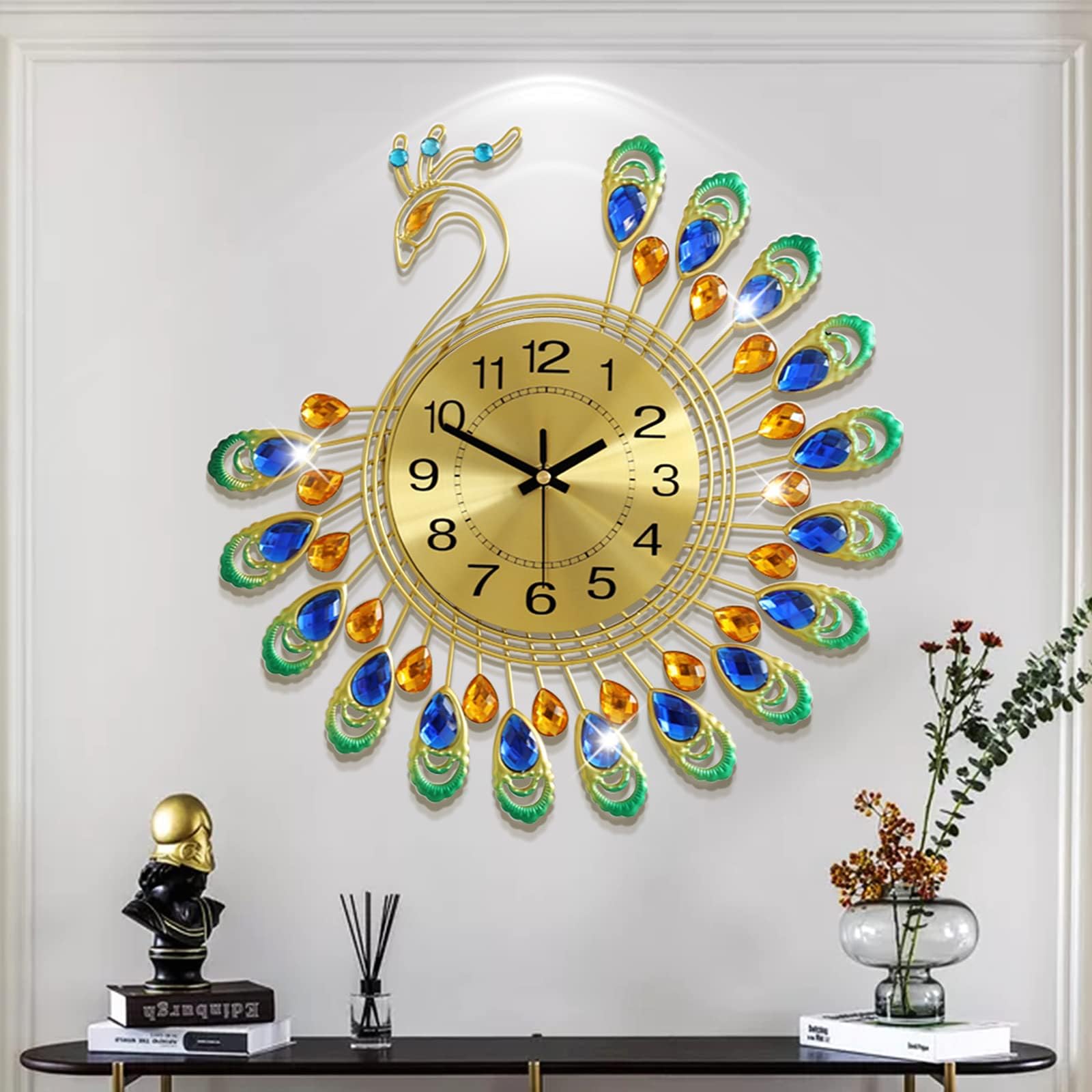 FLEBLE Large Wall Clocks for Living Room Decor Gold Decoration Wall Clock Silent Battery Operated Non Ticking for Bedroom Kitchen 14 Inch Retro Peacock Crystal Wall Watch Quartz for Home Office Indoor
