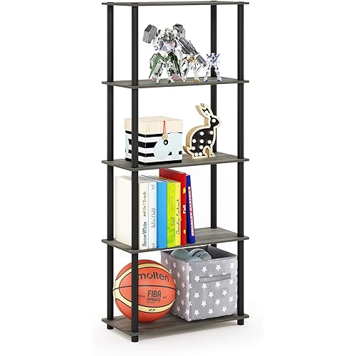 Furinno TURN-N-TUBE Storage Shelves, 5-Tier Book Shelf, Corner Shelf, Toolless Open Shelves, for Organization and Storage, Living Room, Garage, Home Office, French Oak