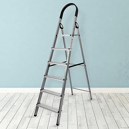 Plantex Wonder Aluminium Step Folding Ladder 6 Step for Home with Advanced Locking System - 6 Step Ladder (Silver & Black)