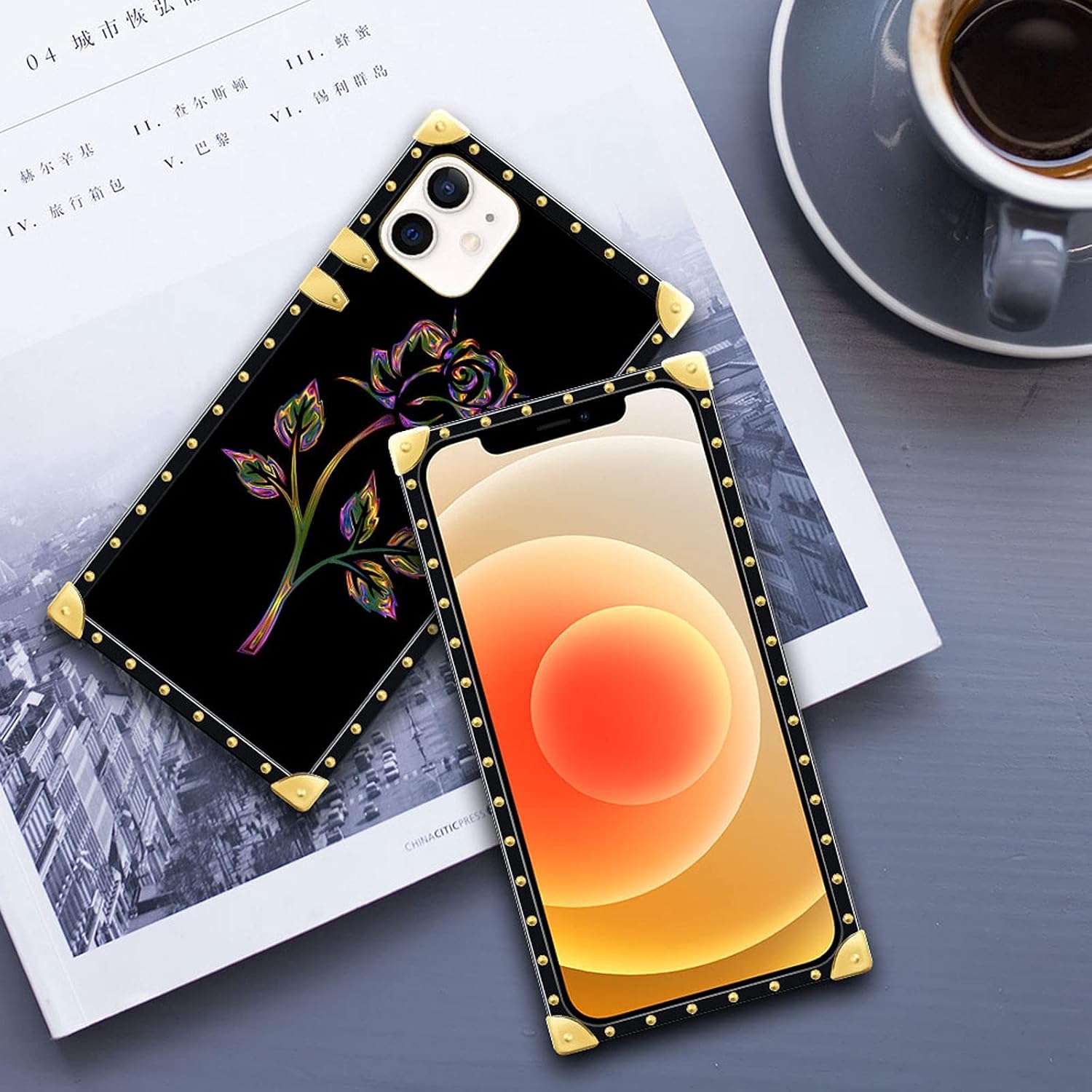 iPhone 11 Case , Colorful gold rose iPhone 11 Case for Girls and Women,Square Luxury Elegant Soft TPU Shockproof Protective Metal Decoration Corner Back Cover Case iPhone 11 Case 6.1 Inch
