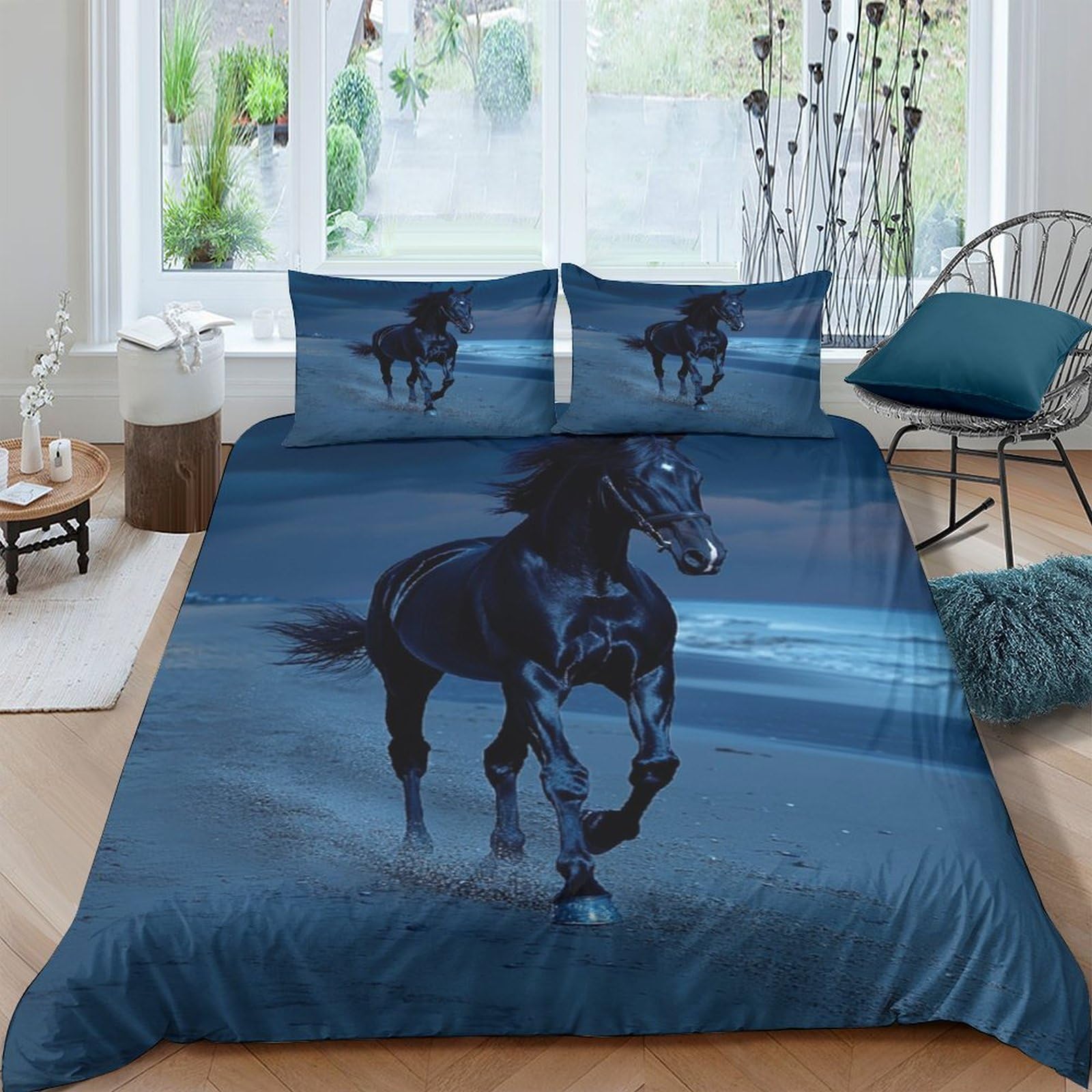 Ctjqhvkz Style-3 3D Printed Wild Horse Fitted Sheet Microfiber Deep Blue Artistic Bed Cover For Bedroom Guest Room Decor Single（135X200cm）