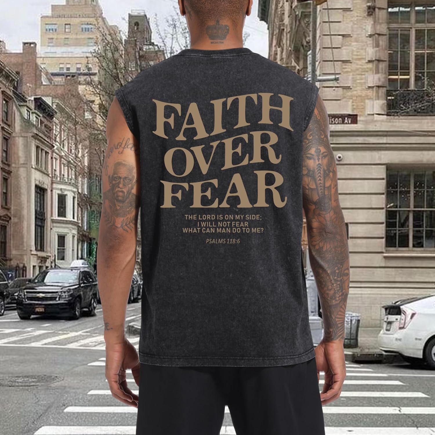 Mens Christian Sleeveless Shirts Faith Over Fear Graphic Tank Tops Gym Workout Acid Wash Tanks Cut Off Muscle Shirt - Image 3