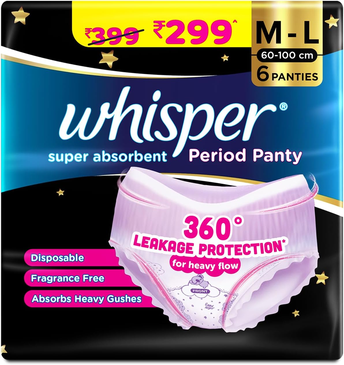 Whisper Bindazzz Night Pants | 6 M-L Briefs | Up to 0% Leaks | 360 Degree Leak Protection | Full Back Coverage | Suitable for Heavy Flow | Flexible Fit |