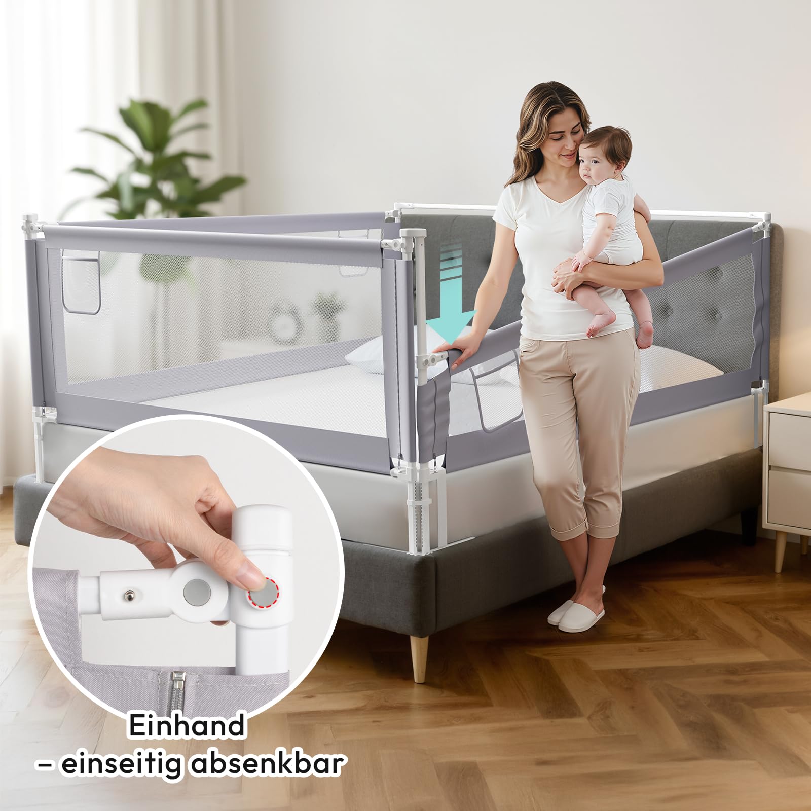 Bettgitter Rausfallschutz Bett 180cm - Rausfallschutz Boxspringbett Höhenverstellbar in 30 Stufen - Bettschutzgitter inkl 2 gratis Befestigungsbänder(1 Stück)