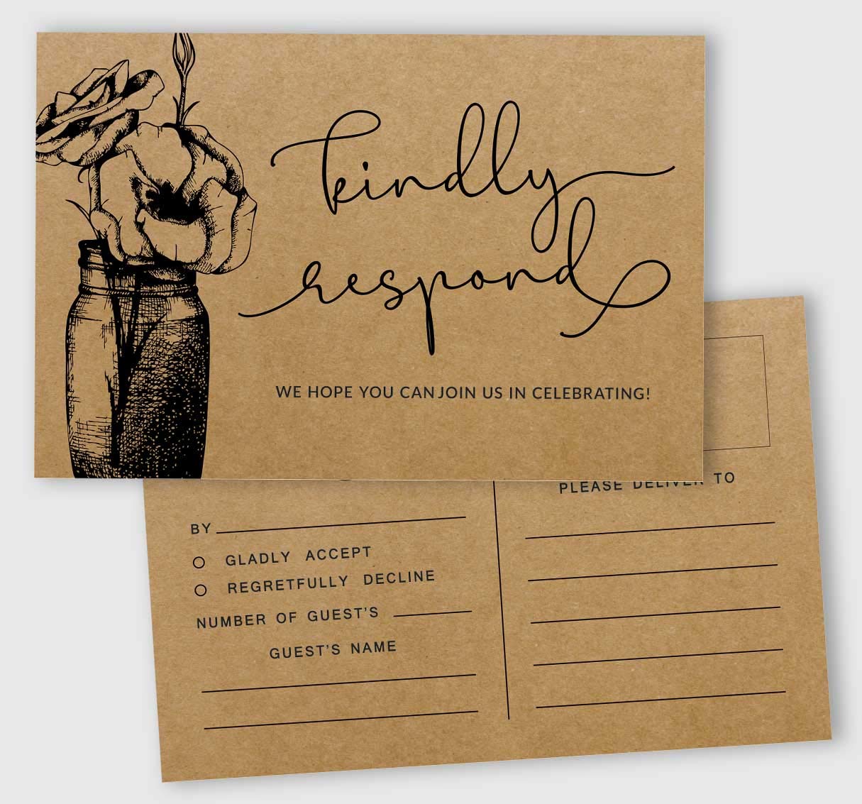 Inkdotpot 50 Blank RSVP Postcards Floral Kraft Script Style Print 4"X6" Response Cards,RSVP Reply Card For Wedding,Bridal Shower,Baby Shower