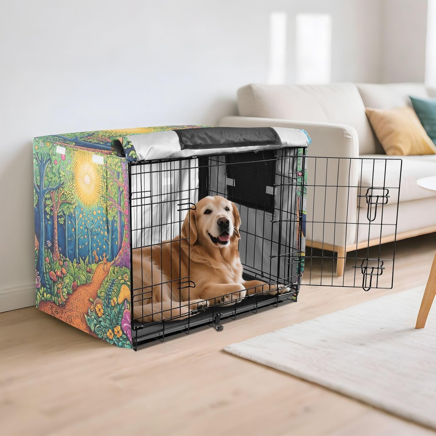 Colorful Towering Trees Dog Crate Covers Mesh Window Panels, Pet Cage Cover with Mesh Windows, Large
