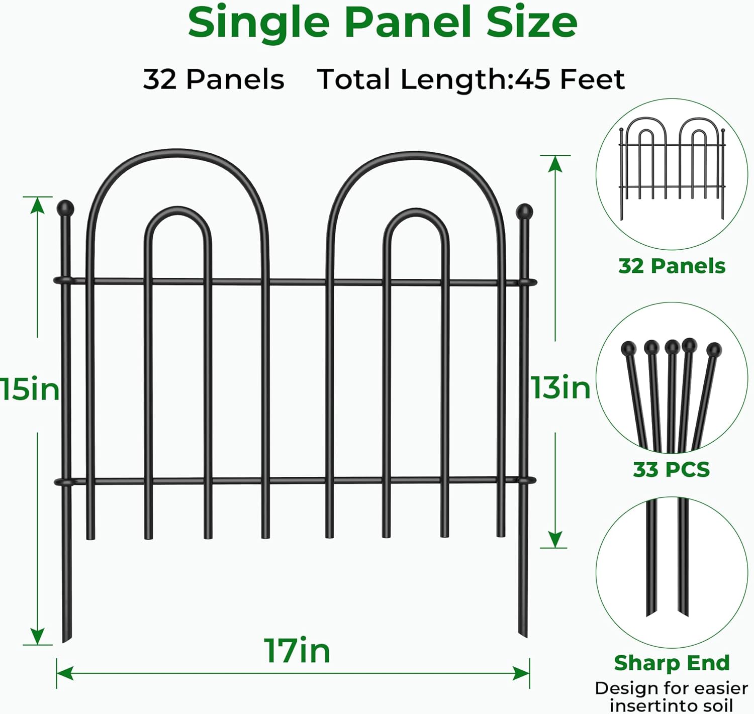 amagabeli garden & home 32 panels 13in(h)×45ft(l) decorative garden fences and borders for dogs fencing animal barrier no dig rustproof metal fence panels with ground stakes for flower bed fence black 13in(h) x 45ft(l) black with ground stakes