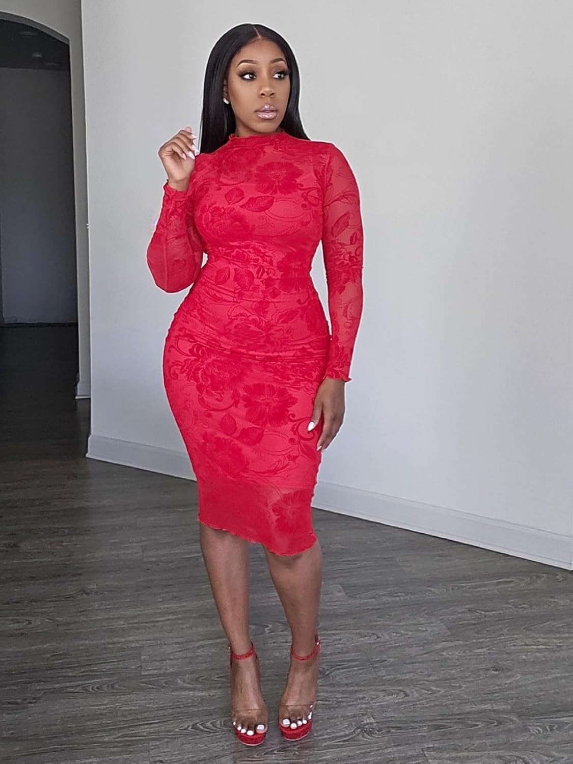 Mojessy Sexy Dresses for Women Long Sleeve See Through Bodycon Midi Dresses 2 Piece Dress Set Birthday Date Night Outfit - Image 2