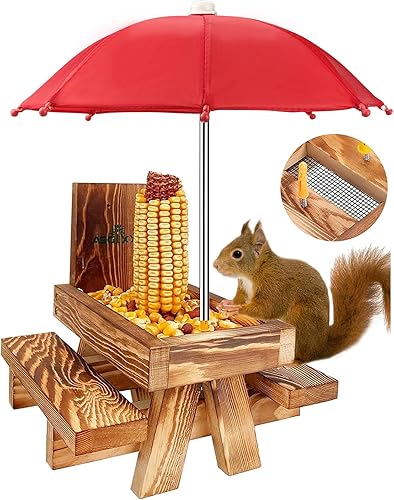 MIXXIDEA Mesa de Picnic Comedero para Ardillas con Sombrilla Alta, Comederos de Madera para Ardillas para Exterior, Lindo Comedero para Ardillas