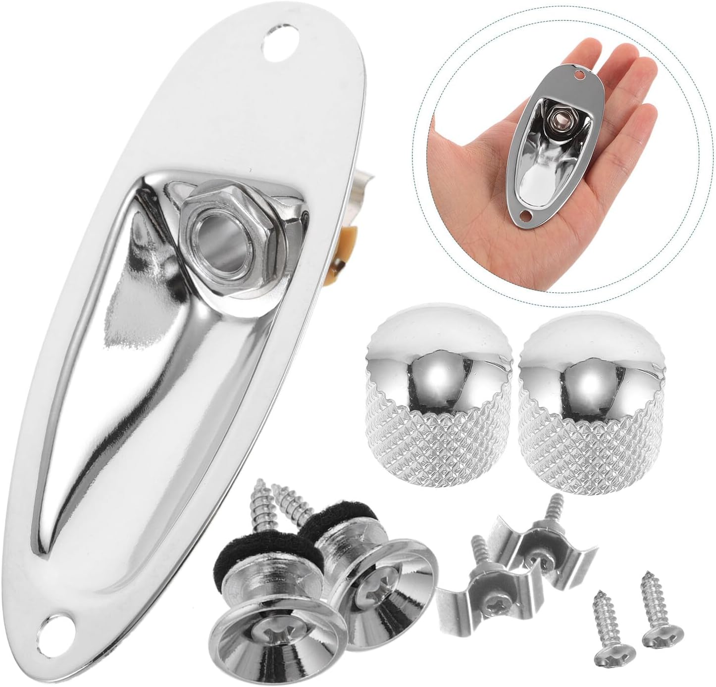 ABOOFAN Electric Guitar Accessories Kit – Boat Style Output Jack Endpin, Strap Button Set, Volume Tone Control Knobs, Silver – Replacement Hardware for Electric Guitar Maintenance